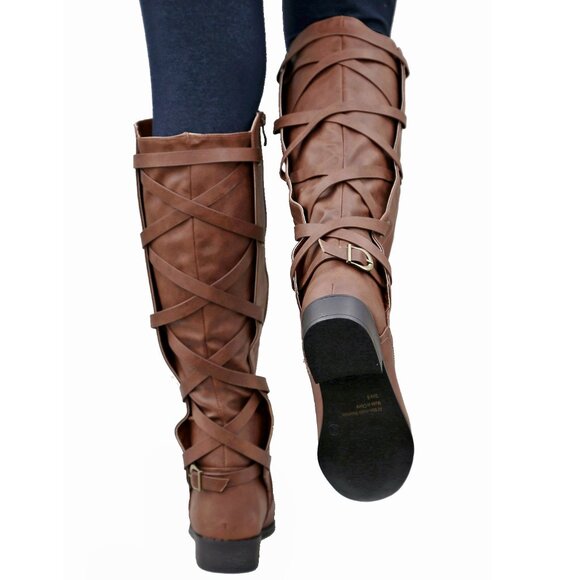 New Women Brown Strappy Buckle Knee High Riding Boots - Picture 2 of 4